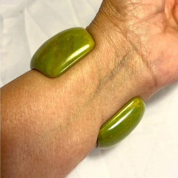 Vintage Yellowgreen Marbled Bakelite Cuff Bracelet “Yves Ste.Laurent like”